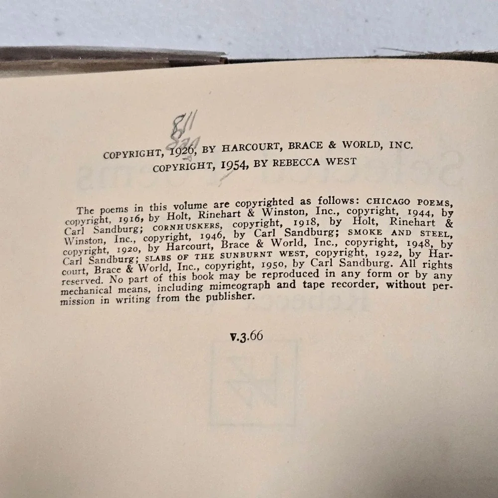 Selected Poems of Carl Sandburg Edited by Rebecca West Harcourt Brace World 1926